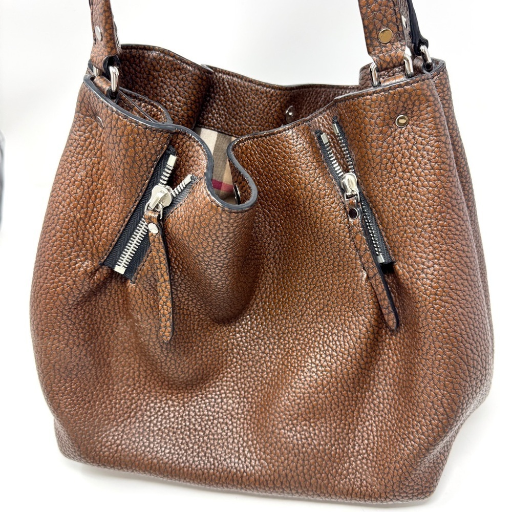 Burberry Maidstone Pebbled Leather Bucket Bag Brown Shoulder Tote